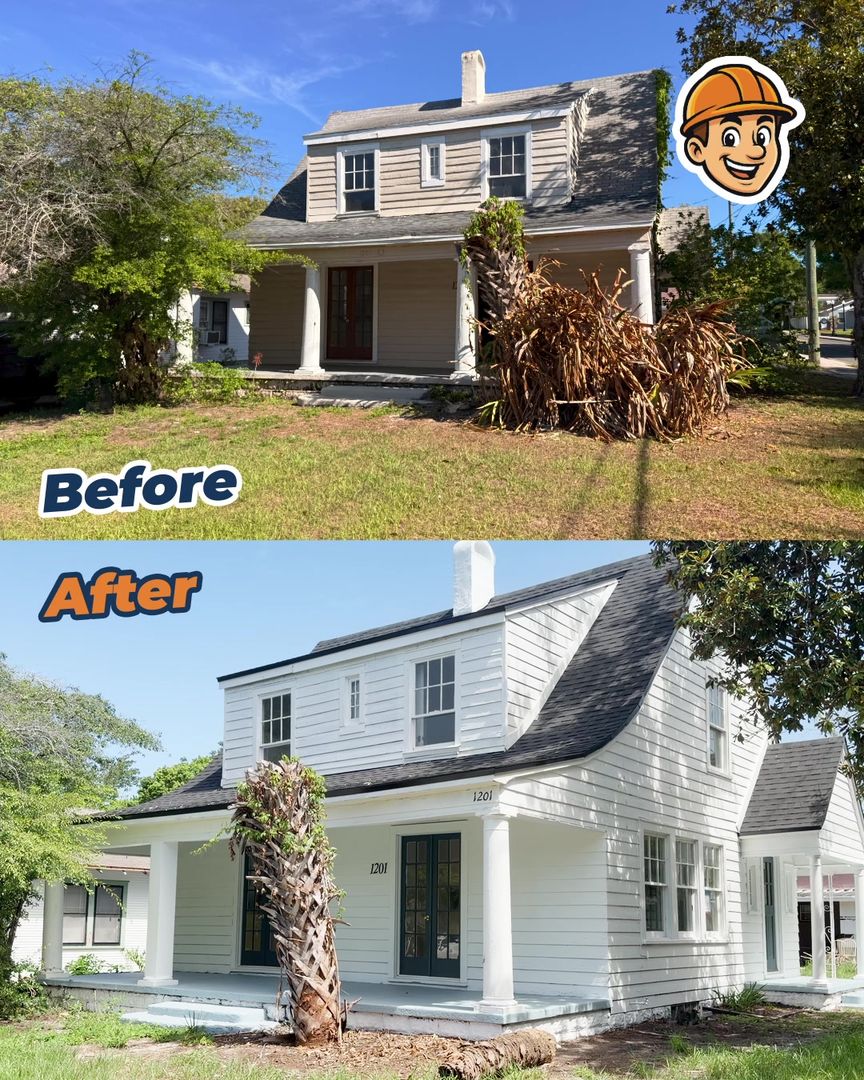 A two-storey home repainted white with a cleaned-up porch